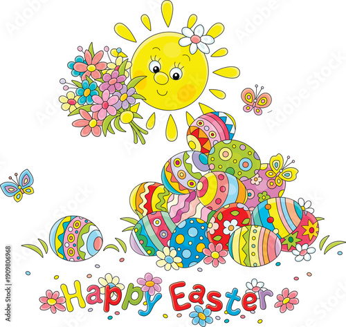 Greeting card with a happy little Sun holding a bouquet of spring flowers and colorfully decorated gift eggs with merry butterflies flying around, vector cartoon illustration on white