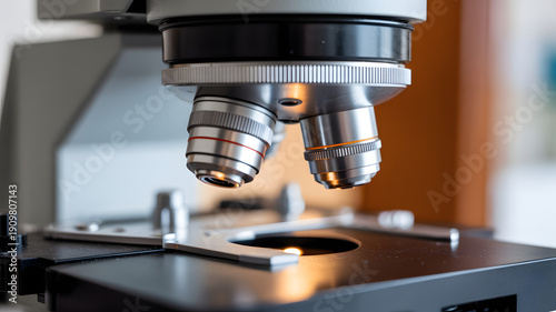 Close-up view of a modern microscope eyepiece lenses focused on a specimen slide in a laboratory setting for scientific research and analysis.