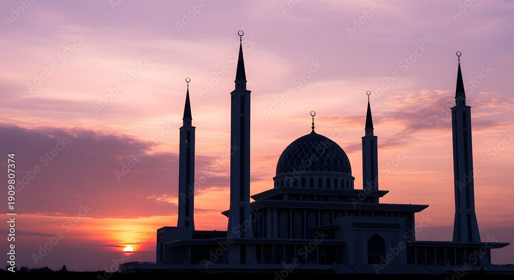Fototapeta premium Serene mosque silhouette at sunset with majestic architecture and tranquil atmosphere.
