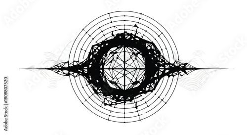 Futuristic abstract geometric design with concentric circles and central sphere, modern technology concept illustration