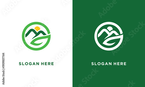 Green Mountain Logo Design with Letter G and Circle Shape for Branding.