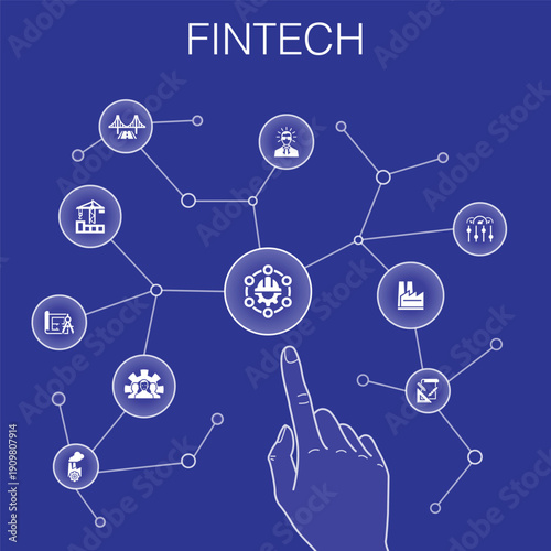 fintech concept, blue background. finance, technology, blockchain, innovation icons