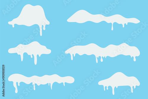Set of white snow caps with icicles and piles with icy texture. snowballs, and snowdrifts. Vector collection of snow elements on a winter background.
