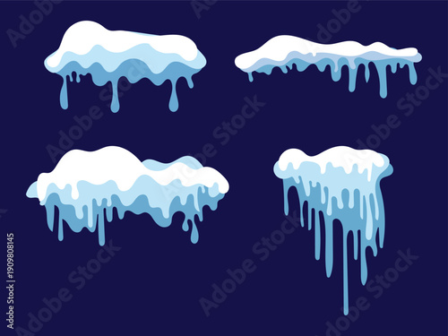 Set of white snow caps with icicles and piles with icy texture. snowballs, and snowdrifts. Vector collection of snow elements on a winter background.