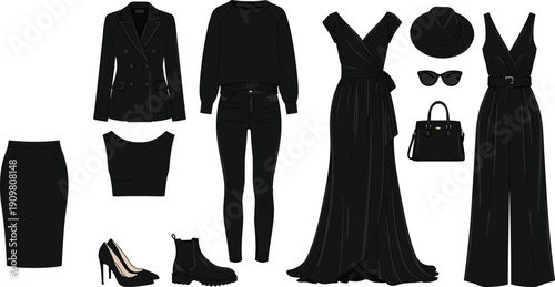 Cad drawing flat vector black fashion outfit collection, elegant women clothing set isolated on white background illustration