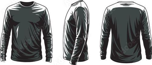 Black long-sleeve shirt fashion illustration showing front, side, and back views with crew neckline, fabric texture highlights, folds, creases, and garment construction design reference