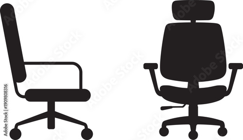 Black silhouette illustration of two office chairs showing side and front views with ergonomic design, cushioned seat, headrest, armrests, backrest, and five-wheel base