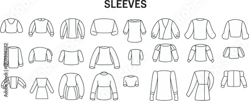 Fashion design chart illustration featuring twenty-four different sleeve styles including puff, bell, raglan, fitted, flared, and voluminous variations for 