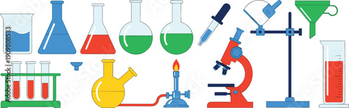 Chemistry laboratory equipment collection, colorful science glassware microscope burner test tubes vector illustration isolated on white background