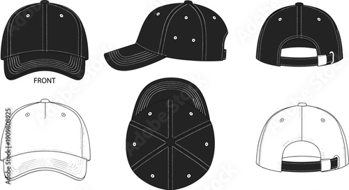 Classic black baseball cap mockup, front side back views, adjustable strap, blank template, sports headwear, fashion accessory, isolated, vector illustration