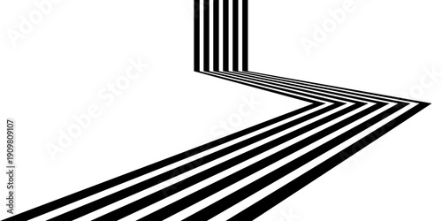 Road lines 3d perspective dynamic black line stripes isolated on white background. Optical illusion