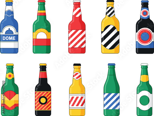 Colorful beer bottle collection, cartoon beverage bottles set, assorted drink labels, vector illustration, isolated on white background, bar, brewery, refreshment