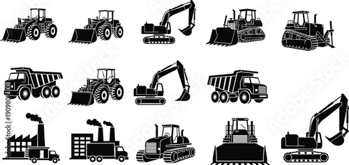 Construction machinery silhouette set excavator bulldozer loader dump truck heavy equipment industry engineering building vehicles industrial illustration collection concept