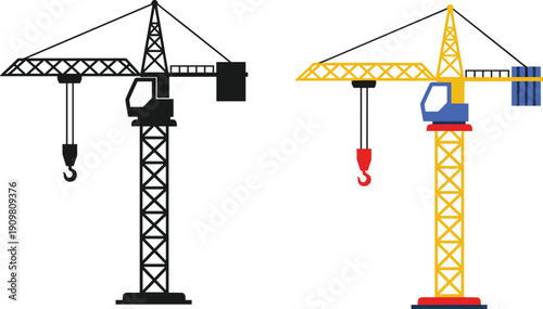 Construction tower crane vector illustration, industrial lifting equipment silhouette and color version isolated on white background