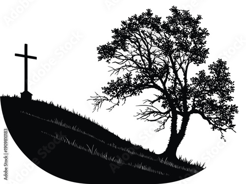 Silhouette of a cross on a hill next to a tree in a circle grass nature