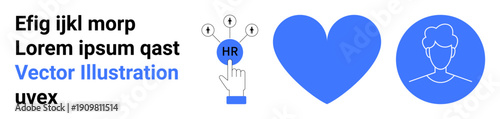 Recruitment, career development, team management, HR solutions, employee engagement, human connection. Blue icons include a finger selecting HR, a heart and a profile image. Recruitment and career