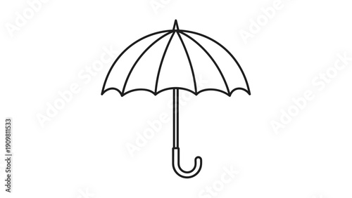 Classic black umbrella outline is shown in a minimalist line art style with a curved handle on a plain white surface.