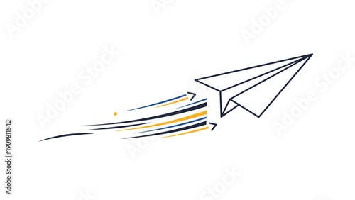Paper airplane flies through the air leaving a trail of colorful motion lines behind in a simple graphic illustration.