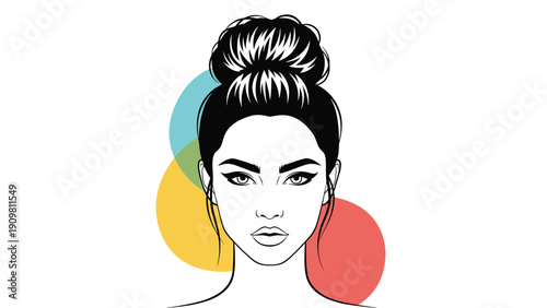 Woman with a high bun hairstyle is shown with colorful circles in the background in a modern beauty and fashion art.
