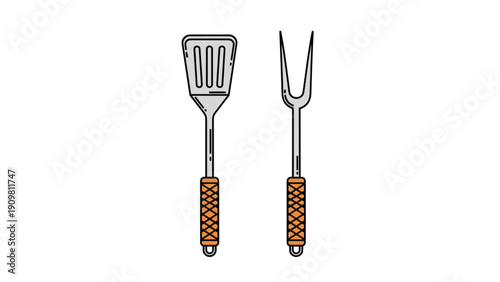 Outdoor cooking set featuring a metal spatula and a long fork is shown in a clean line art style for barbecue themes.