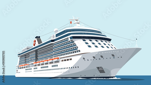 Large luxury cruise ship is shown sailing on the blue ocean under a clear sky in a detailed vector illustration style.