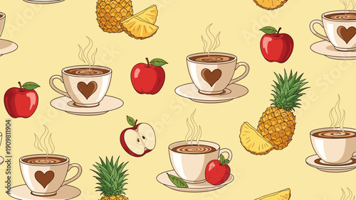 Seamless pattern features coffee cups with heart designs interspersed with red apples and golden pineapples on a pale background.