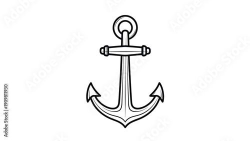 Classic nautical anchor with a ring and crossbar is rendered in a detailed black and white line art illustration style.