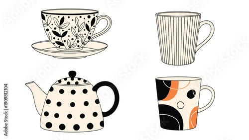 Collection of decorative ceramic ware including a spotted teapot and patterned coffee mugs is shown in a stylish vector art.