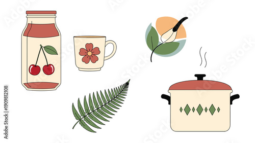 Assorted homeware items including a cherry jar a flower mug a fern leaf and a cooking pot are displayed as icons.