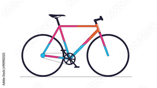Modern bicycle with a colorful frame in pink orange and blue hues is shown in a sleek side profile vector illustration.