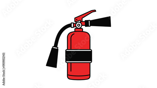 Red fire extinguisher with a black nozzle and hose is illustrated as an essential safety tool for emergency fire protection.