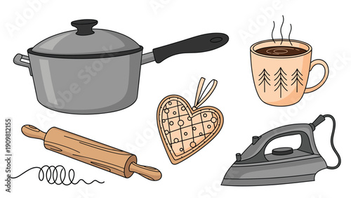 Various household items including a cooking pot rolling pin heart pillow iron and coffee mug are shown as vector graphics.
