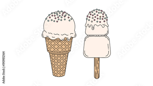 Two delicious ice cream treats including a cone with sprinkles and a bar with toppings are shown in this sweet illustration.