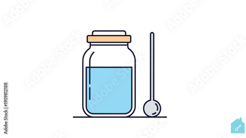 Scientific glassware including a stoppered jar with blue liquid and a thermometer are shown as icons for lab experiments.