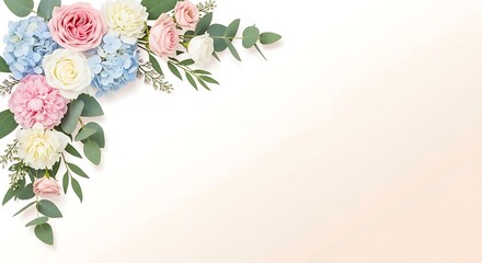 Elegant floral corner arrangement with pink roses and blue hydrangeas on light cream background space