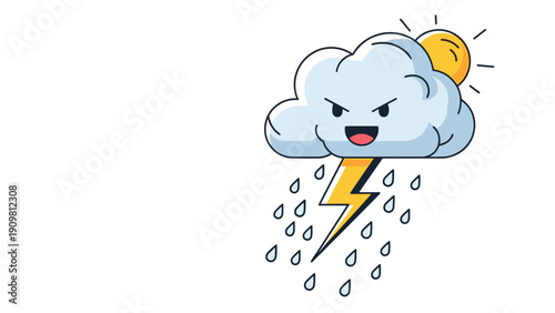 Angry cartoon storm cloud with a bright yellow lightning bolt and rain drops while the sun peeks out from the upper right corner.