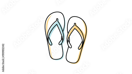 Simple line drawing of a pair of beach flip flops with light yellow and blue accents indicating summer footwear and holiday travel.