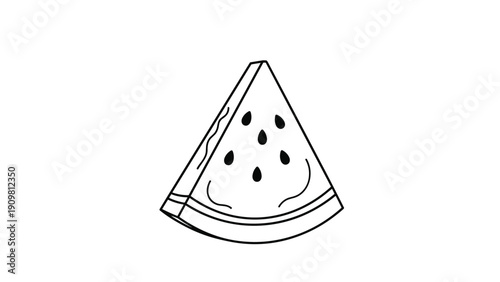 Minimalist line drawing of a slice of watermelon featuring several black seeds and a thick rind depicted in a simple graphic style.