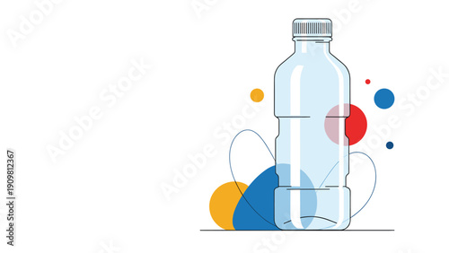 Clear plastic water bottle illustration with a blue cap set against a background of colorful abstract circles and geometric shapes.