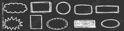 Set of hand-drawn white chalk frames, borders, and speech bubbles on a dark chalkboard background. Decorative sketchy doodle elements for design.