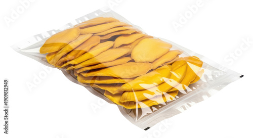 Photos Dried mango slices in plastic bag isolated PNG, healthy snack on transparent bac