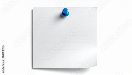 A blank white square paper pinned with a blue pushpin, isolated on transparent background, symbolizing notes, reminders, and the simplicity of everyday communication.