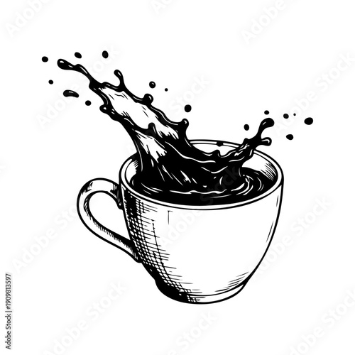 Coffee Splashing Out of a Cup, Dynamic Black and White Illustration