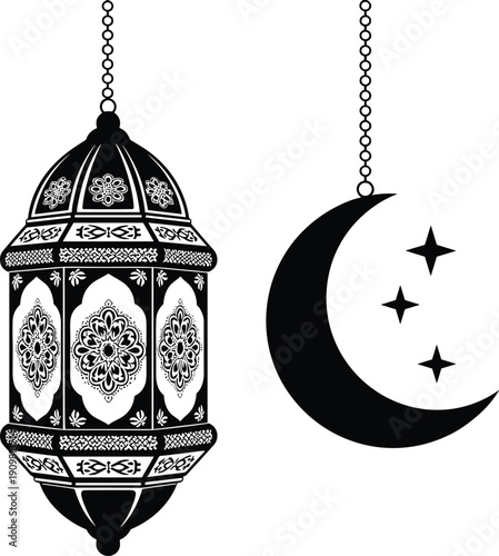 Ornate Islamic Lantern Silhouette with Hanging Crescent Moon and Stars, Decorative Arabic Lamp Vector for Ramadan Kareem, Eid Mubarak, and Muslim Religious Celebration