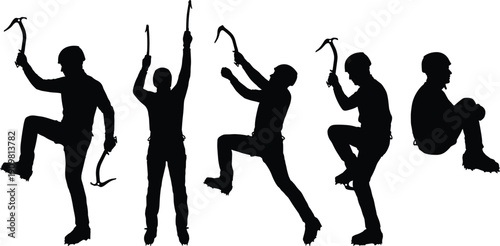 Ice climber silhouette set with ice axes, extreme winter mountaineering poses, alpine adventure, strength, endurance and survival concept illustration