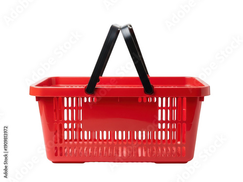 A red plastic shopping basket with a black handle
