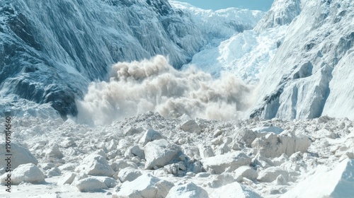 Massive rock and ice landslide surges down a steep mountain slope amid extreme weather conditions