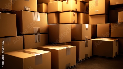Numerous cardboard boxes stacked high inside a storage facility or warehouse awaiting shipment and distribution