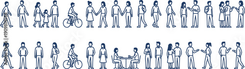 Family and social interaction line art set, people walking talking cycling and daily lifestyle characters