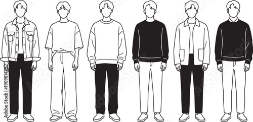 Men casual outfit outline vector set, modern male fashion line art characters isolated on white background